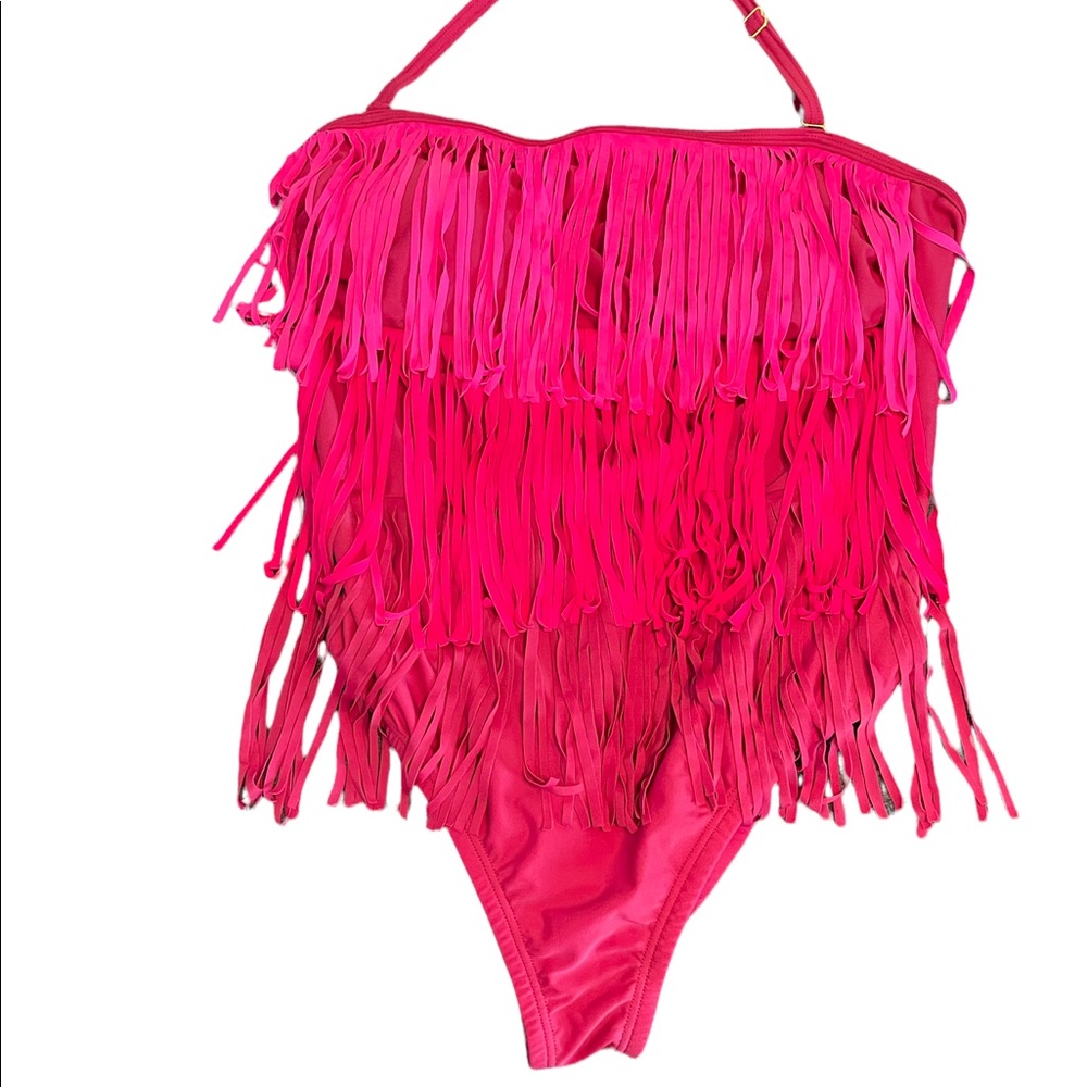 Pink one-piece bathing suit with fringe-front. XL Venus